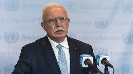 FILE PHOTO. Palestinian foreign minister Riyad al-Maliki speaks to reporters at the UN.