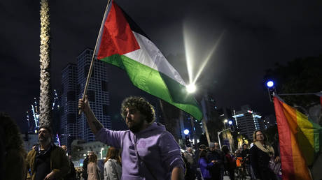 A protester holds a Palestinian flag in Tel Aviv, Israel, at a demonstration against Prime Minister Benjamin Netanyahu's far-right government, January 7, 2023