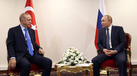 Turkish President Recep Tayyip Erdogan (L) meets Russian President Vladimir Putin (R) in Tehran, Iran on July 19, 2022.