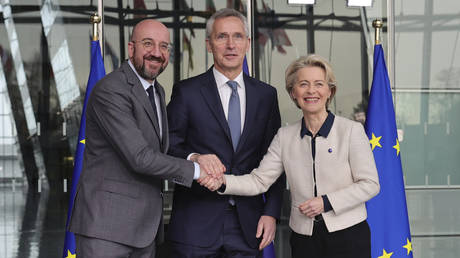 From left, European Council President Charles Michel, NATO Secretary General Jens Stoltenberg, and European Commission President Ursula von der Leyen after signing a joint declaration on NATO-EU Cooperation.