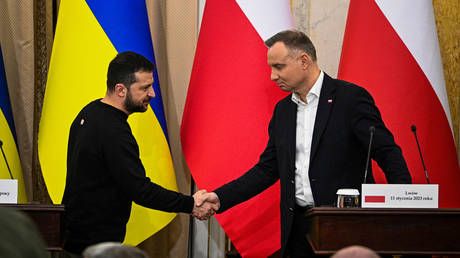 Ukrainian President Volodymyr Zelensky (L) and Polish President Andrzej Duda shake hands at the end of their press conference in the western Ukrainian city of Lviv, on January 11, 2023.