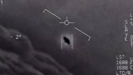 This video grab image shows part of an unclassified video taken by US Navy pilots depicting interactions with "unidentified aerial phenomena,"  on April 28, 2020