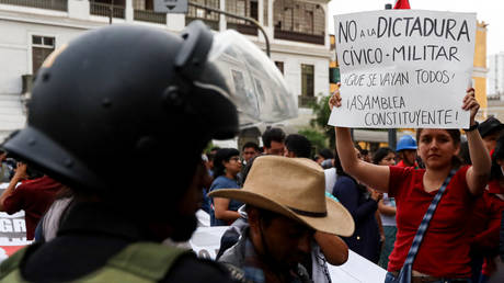 Supporters of former Peruvian President Pedro Castillo protest to demand the resignation of incumbent President Dina Boluarte on December 17, 2022, Lima, Peru