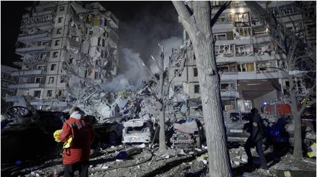 A destroyed apartment building in Dnepr, Ukraine, January 14, 2023.