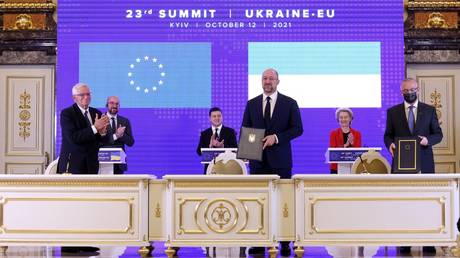 FILE PHOTO. Top EU officials and Vladimir Zelensky during an EU-Ukraine Summit in Kiev, October, 2021.