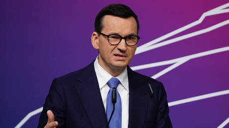 Polish Prime Minister Mateusz Morawiecki speaks at the celebration of Wolfgang Schäuble's 50th anniversary in parliament on January 16, 2023 in Berlin, Germany.