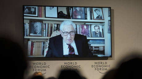 Former US Secretary of State Henry Kissinger addresses the annual meeting of the World Economic Forum in Davos, Switzerland, January 17, 2023