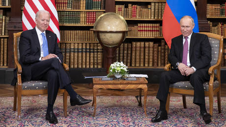 FILE PHOTO: Joe Biden and Vladimir Putin meet in Geneva, Switzerland in 2021.