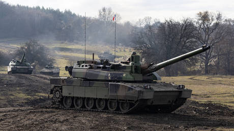 French Leclerc tanks pictured during a military exercise in Romania.