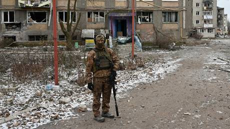 FILE PHOTO: A service member of Russian private military company Wagner Group in Soledar.