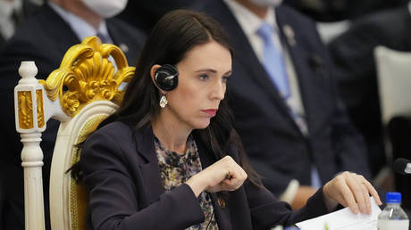 New Zealand's Prime Minister Jacinda Ardern listens to speech during the ASEAN - East Asia Summit in Phnom Penh, Cambodia, Sunday, Nov. 13, 2022.