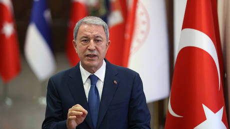 FILE PHOTO: Turkish Defense Minister Hulusi Akar speaks at an event in Ankara, Türkiye.