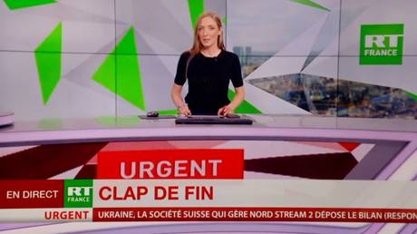 FILE PHOTO: A screenshot of RT France's final TV broadcast on March 2, 2022