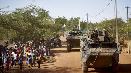 French soldiers patrol the village Gorom Gorom in armored personnel carriers during the Barkhane operation in northern Burkina Faso on November 14, 2019.