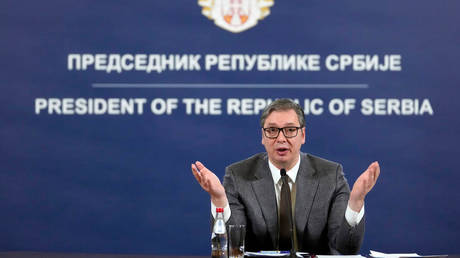 Serbian President Aleksandar Vucic addresses the nation in Belgrade, January 23, 2023.