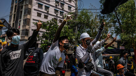 Protesters demonstrate against the military junta that seized power in Myanmar in 2021
