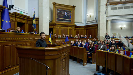 FILE PHOTO. Vladimir Zelensky addresses the Ukrainian parliament.