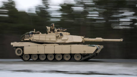 US Marines drive an M1 Abrams during exercises in Norway.