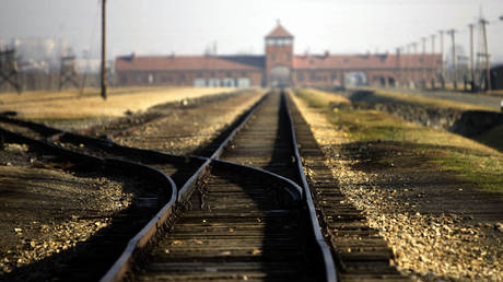 The railway spur and main building of the Auschwitz-Birkenau death camp are visible 12 January 2005. The 60th anniversary of the liberation of the camp by Soviet army will be marked January 27.