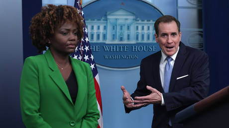 US National Security Council spokesman John Kirby and White House Press Secretary Karine Jean-Pierre deliver a news briefing on January 25, 2023.