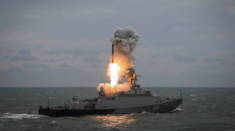 FILE PHOTO: A Russian warship fire a Kalibr missile.