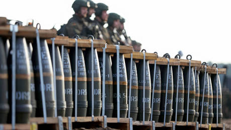 Munitions are pictured during a visit by German Chancellor of Bundeswehr's troops during a training exercise in Ostenholz, northern Germany, on October 17, 2022.