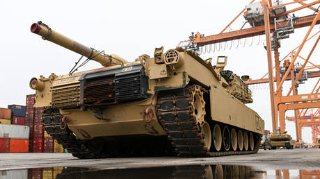 FILE PHOTO: An M1A2 Abrams battle tank of the US Army arrives in Poland for drills.