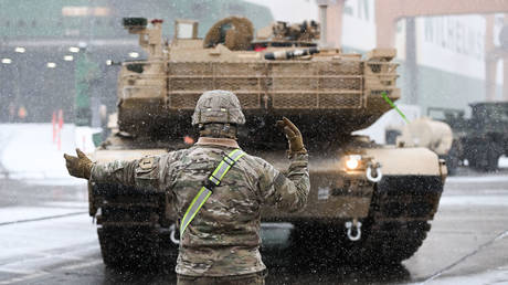 A US Army M1A2 Abrams tank arrives for an exercise in Gdynia, Poland, December 2022.