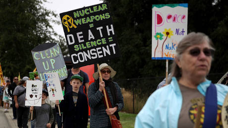 FILE PHOTO: Protestors decry nuclear weapons in an August 2017 demonstration outside the Lawrence Livermore National Laboratory in Livermore, California.