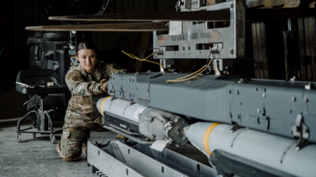 FILE PHOTO: A bomb rack unit equipped with four GBU-39 small diameter bombs at the munitions storage area on Al Udeid Air Base, November 27, 2020