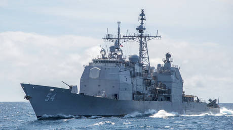 FILE - This March 6, 2016, photo provided by the U.S. Navy, shows the Ticonderoga-class guided-missile cruiser USS Antietam (CG 54) sails in the South China Sea.