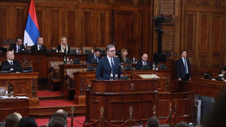 Serbian President Aleksandar Vucic speaks at the Serbian Assembly in Belgrade, on February 02, 2023.