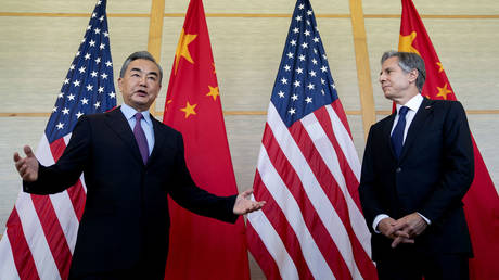 FILE PHOTO: US Secretary of State Antony Blinken (R) and then China's Foreign Minister Wang Yi meet on the Indonesian resort island of Bali in 2022.