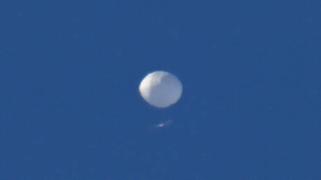 Suspected Chinese spy balloon flies above in Charlotte NC, United States on February 04, 2023.