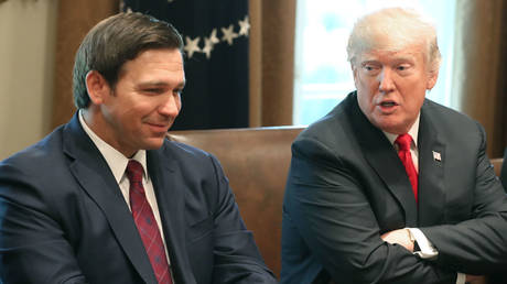 FILE PHOTO: Florida Governor Ron DeSantis and then-President Donald Trump participate in a December 2018 meeting at the White House.
