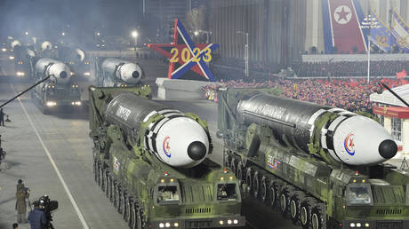 Intercontinental ballistic missiles are displayed during a military parade to mark the 75th founding anniversary of North Korea’s army at Kim Il Sung Square in Pyongyang, North Korea, Wednesday, Feb. 8, 2023.