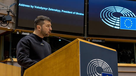 Ukrainian President Vladimir Zelensky gives a speech at the European Parliament on February 09, 2023.