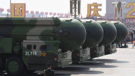 China's DF-41 nuclear-capable intercontinental ballistic missiles during a military parade at Tiananmen Square in Beijing.