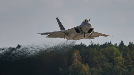 A F-22 Raptor fighter jet takes part in the NATO Air Shielding exercise.
