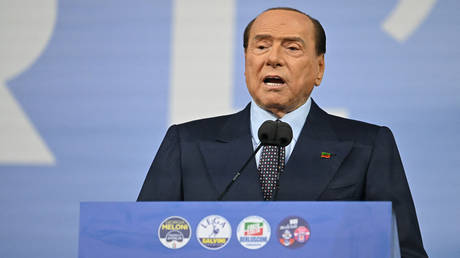 Forza Italia leader Silvio Berlusconi speaks on stage on September 22, 2022 during a rally.