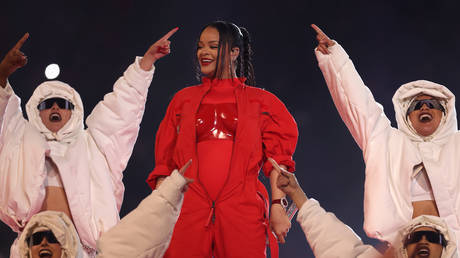 Rihanna performs onstage during the Super Bowl LVII Halftime Show at State Farm Stadium on February 12, 2023