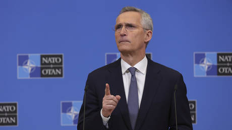 Jens Stoltenberg speaks during a media conference ahead of a meeting of NATO defense ministers at NATO headquarters in Brussels, Belgium, February 13, 2023