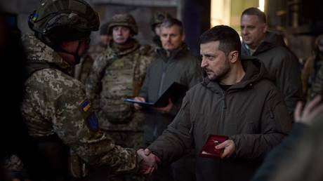 FILE PHOTO. Vladimir Zelensky meets with Ukrainian troops.