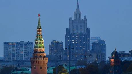 FILE PHOTO: A general view shows the Russian Foreign Ministry headquarters and towers of the Kremlin in Moscow, Russia.