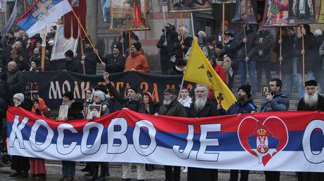 FILE PHOTO: A rally in support of keeping the province of Kosovo as part of Serbia in Belgrade on January 29, 2023.