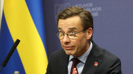Swedish Prime Minister Ulf Kristersson speaks at a press conference on February 7, 2023, Vilnius, Lithuania