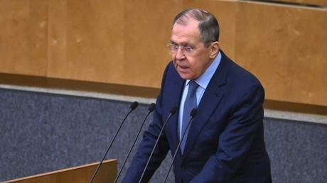 Russian Foreign Minister Sergey Lavrov delivers a speech at parliament, February 15, 2023.