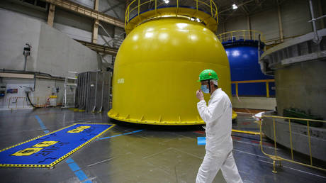 FILE PHOTO. An employee walks past a dome removed form a reactor in the central hall of the Kola nuclear power plant in Murmansk Region, Russia.