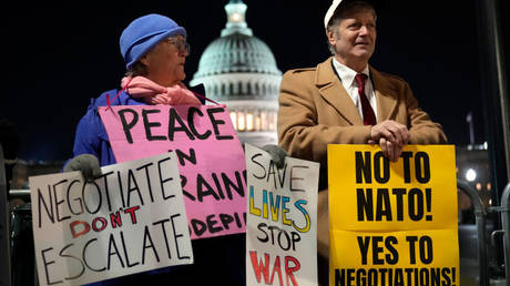 Antiwar activists protest against continuing military aid to Ukraine last December outside the US Capitol.