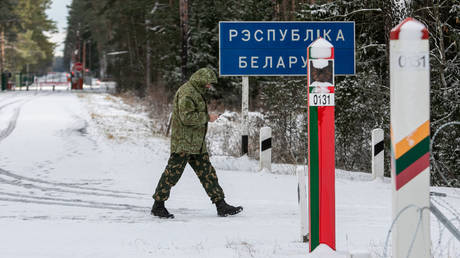 FILE PHOTO. A Belarussian border guard near the border with Lithuania.